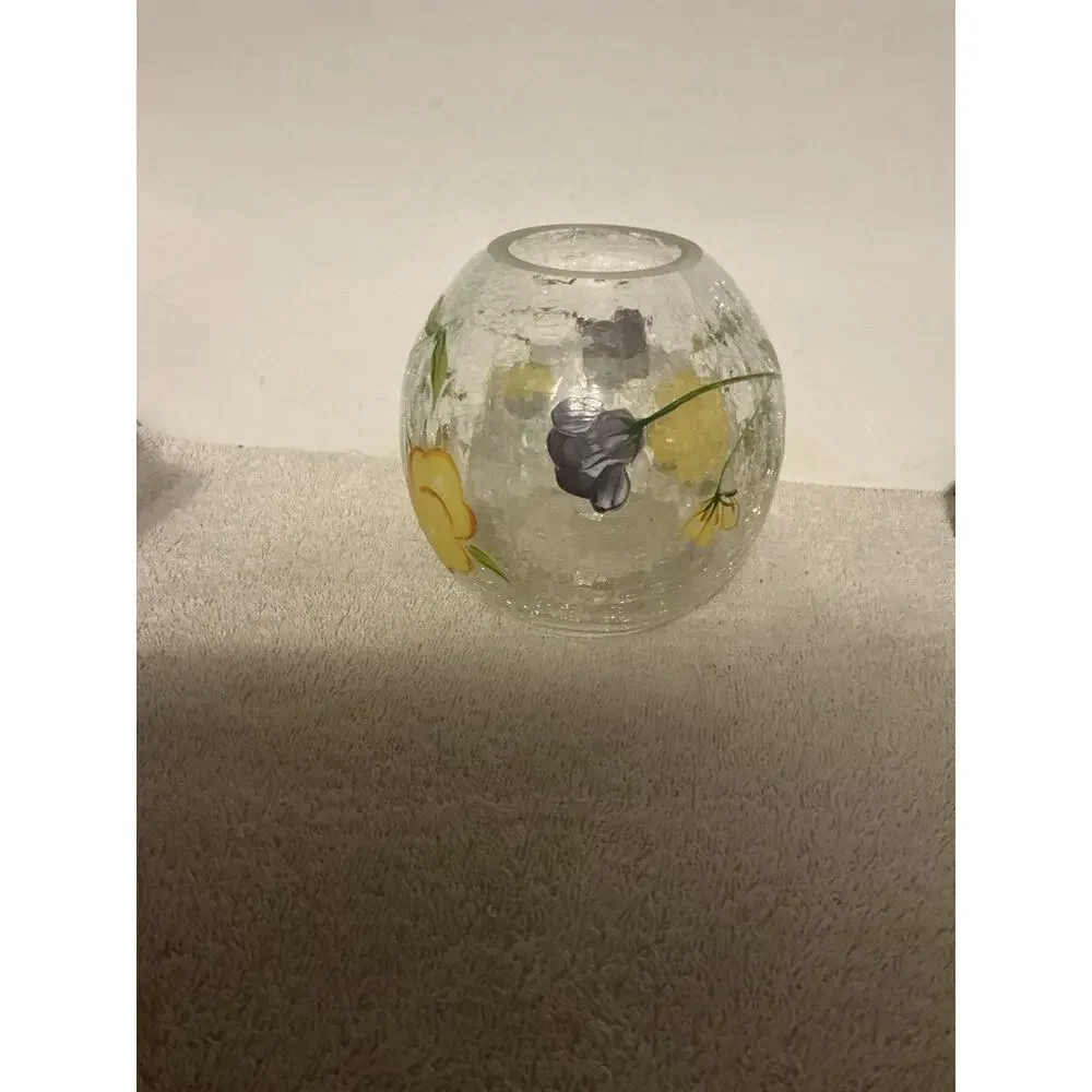 Vintage Fifth Avenue Crystal Crackle Glass Globe Yellow Floral Tea light